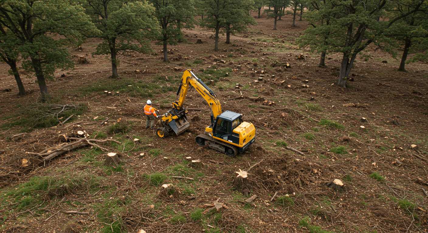 Раскорчёвка с использованием гидромолота в старой дубраве Раскорчёвка старой дубравы