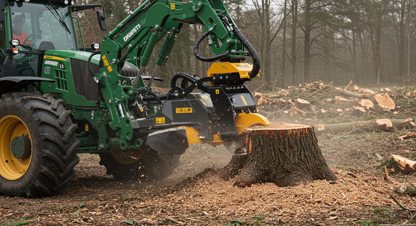 Трактор с корчевателем на участке