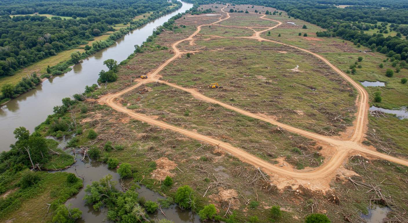 Раскорчёвка участка в пойме реки